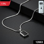 Close-up of men's pendant chain with black rectangular stainless-steel pendant