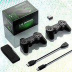 Wireless Gaming Console stick and two 2.4GHz controllers for dual player gaming.