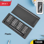 Close-up of 24 precision screwdriver bits laid out with the magnetic handle for electronics repair.