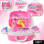 Young girl happily playing with her pretend play makeup kit.