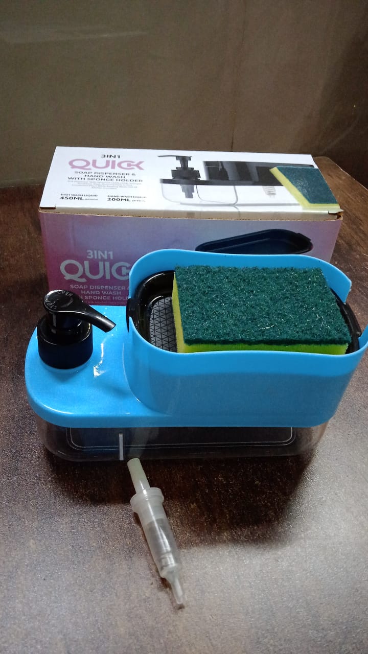 Detailed view of the three integrated compartments of the soap dispenser unit.