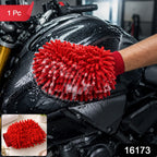 A red microfiber chenille wash glove with suds on a black motorcycle tank, with a smaller inset image of the glove. (1 Pc)