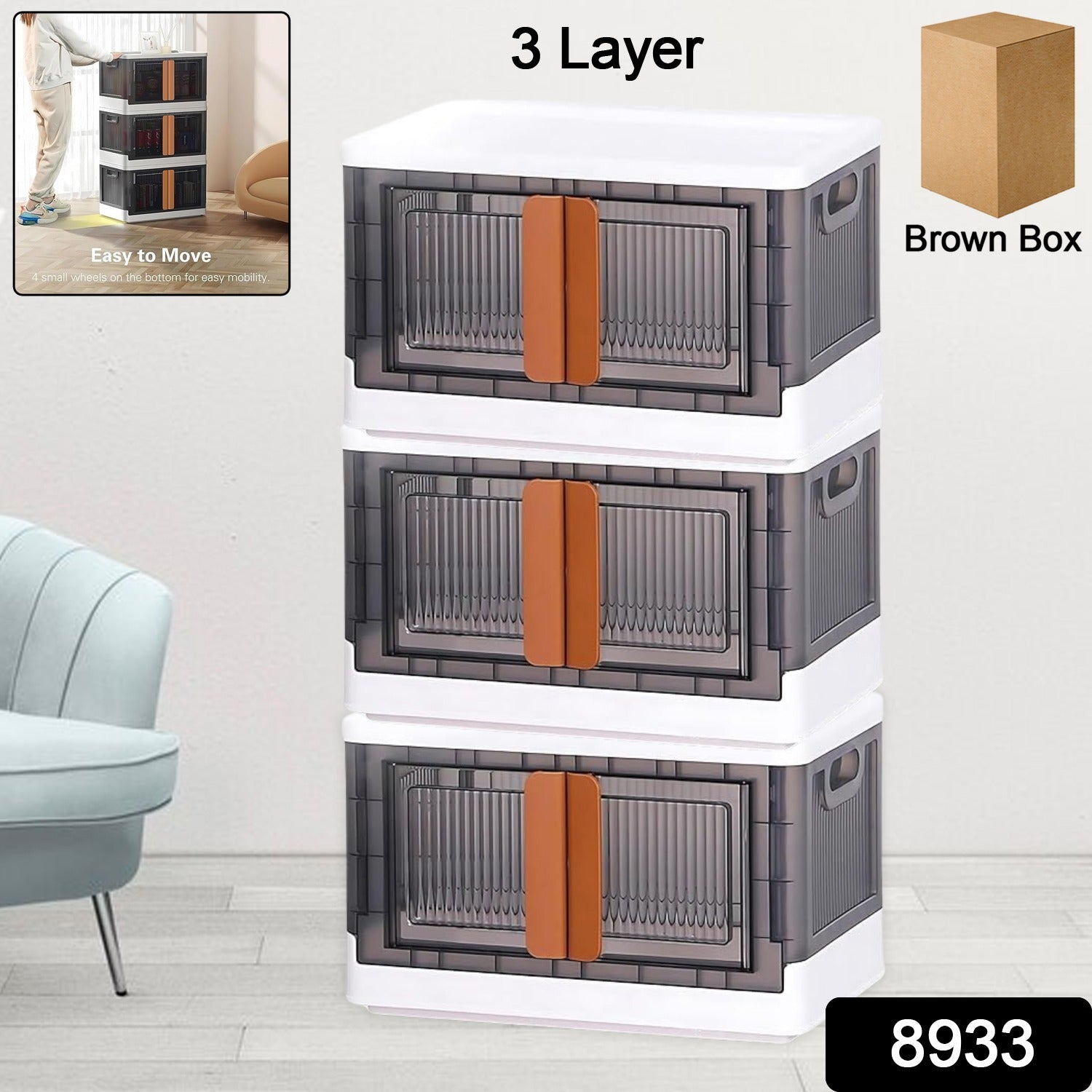 Foldable plastic storage organizer showing double door access for easy retrieval