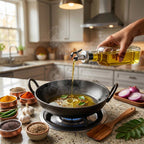 Pouring oil from glass dispenser into pan for cooking
