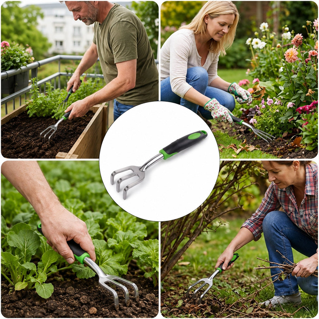 Garden hand fork for aerating pots, beds and planters