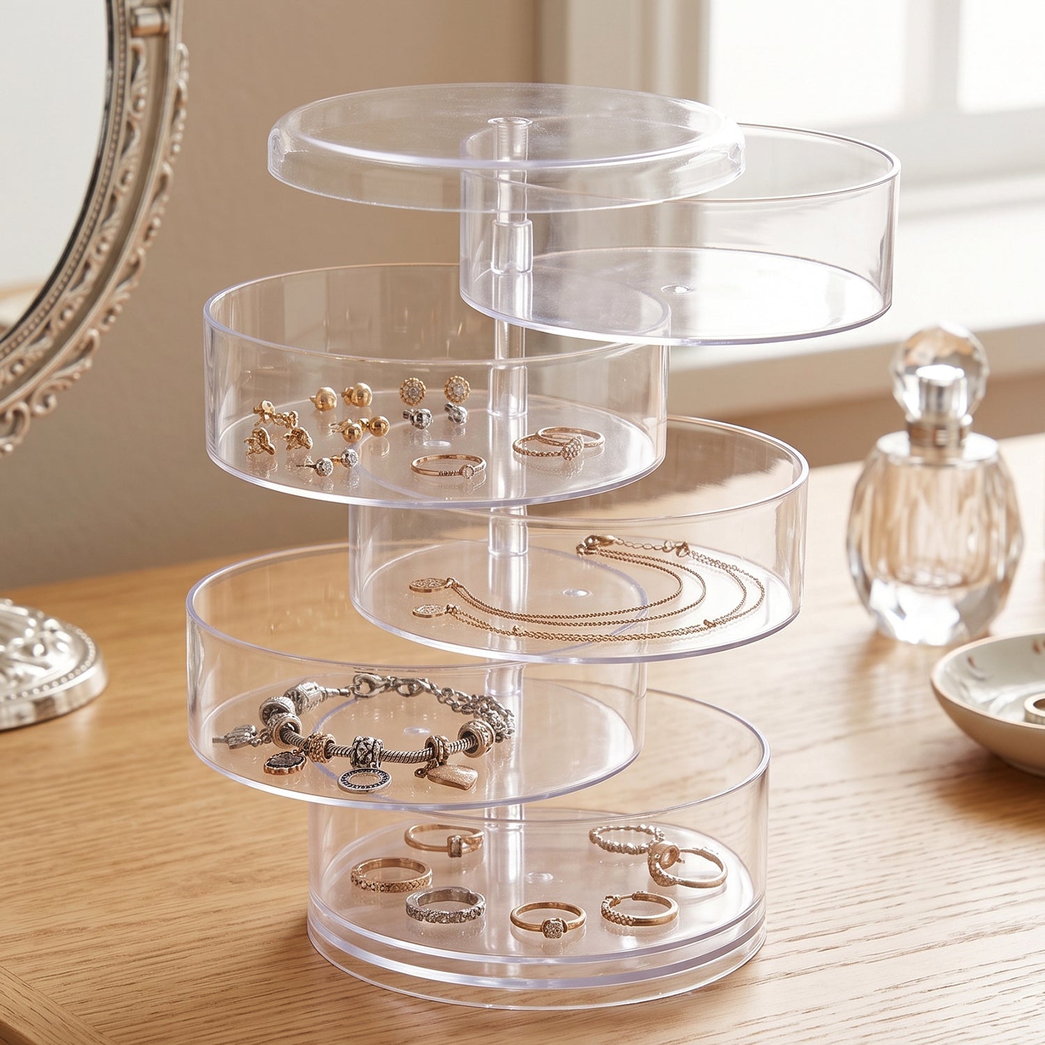 Spinning jewellery organizer with five layers for accessories