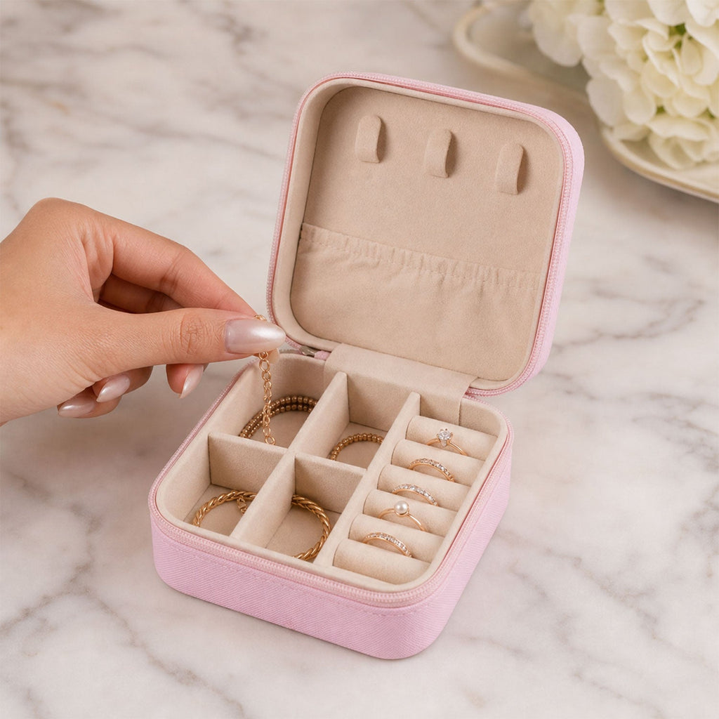 A closed LilyGleam Mini PU Leather Travel Jewellery Box in a stylish pink shade, perfect for organising accessories.