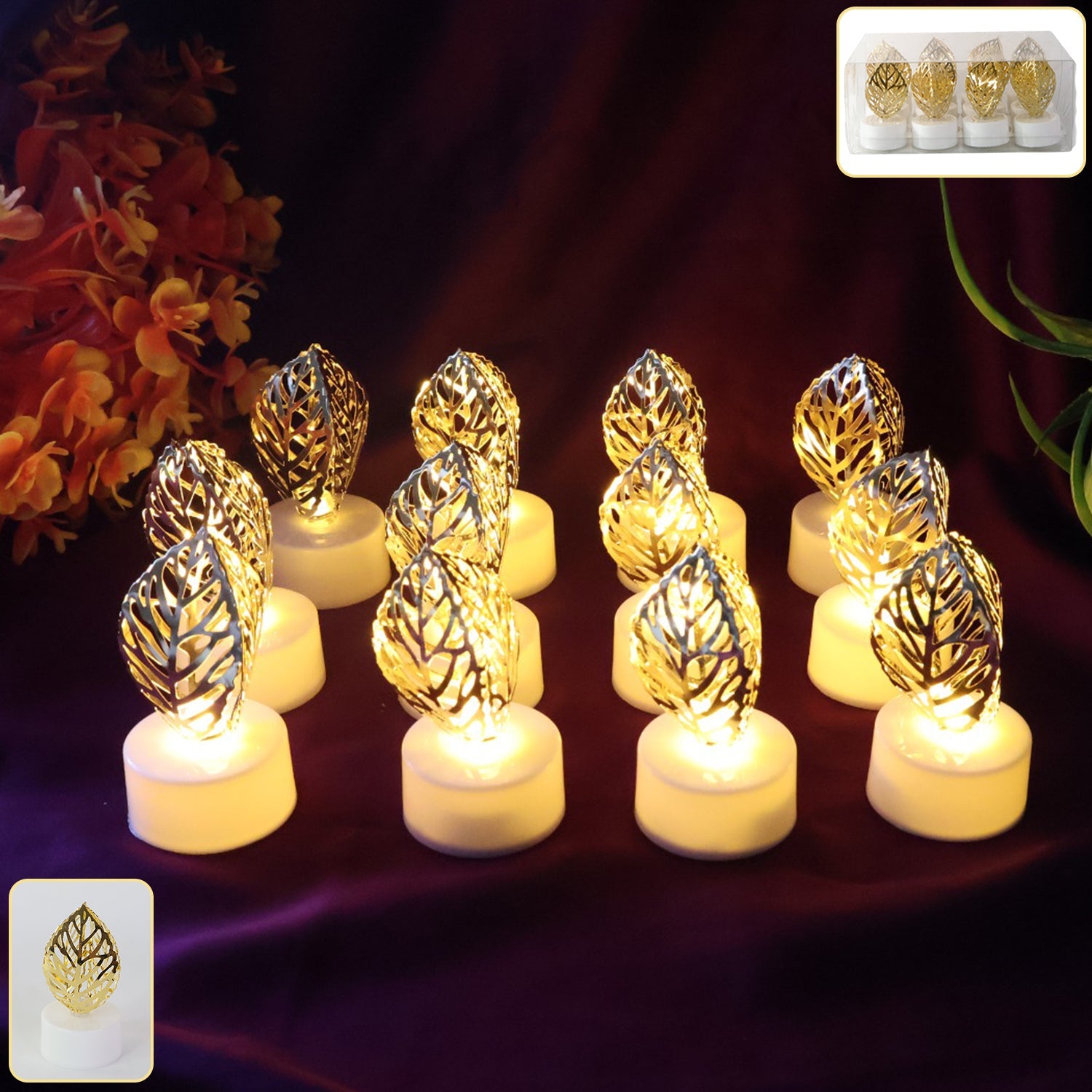 Set of 12 flameless LED candles with golden leaf design emitting flickering light