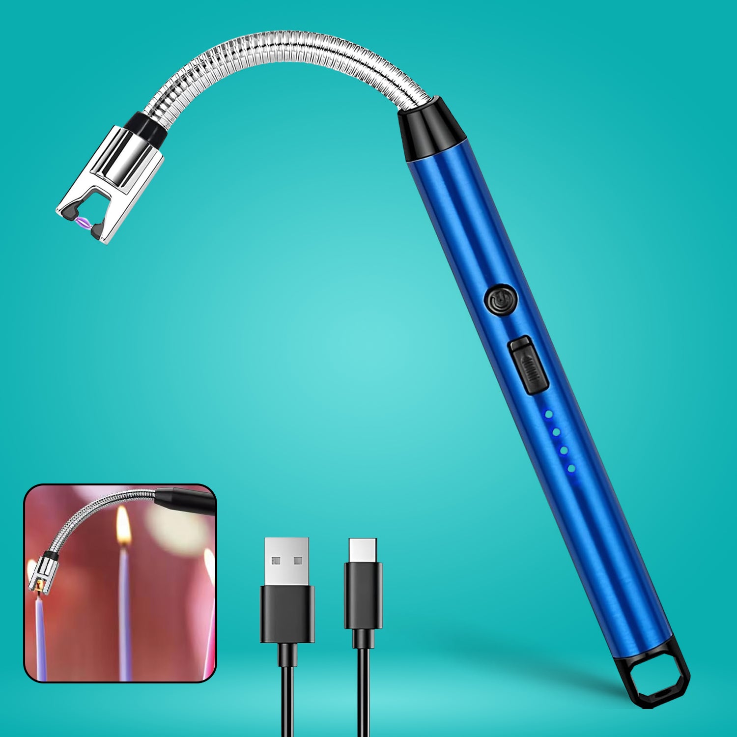 Metal USB rechargeable electric arc lighter with flexible 360 degree neck for candle and stove lighting