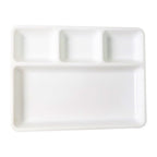 Stack of multiple 4-compartment serving trays for compact storage.