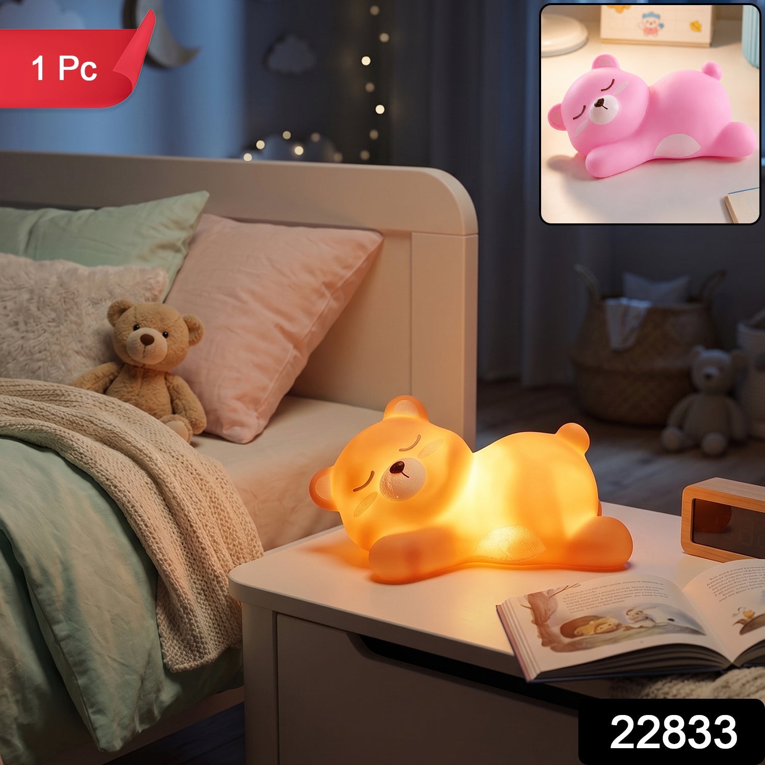 Soft silicone sleeping bear night light providing a warm LED glow.
