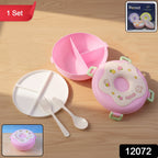 Close-up of the Donut Lunch Box showing three compartments and included spoon.