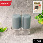 Two-piece salt and pepper dispenser set showcasing ergonomic design and transparency