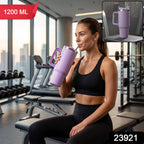 Purple stainless steel tumbler with carry handle and straw