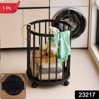 Round metal laundry hamper on wheels for dirty clothes