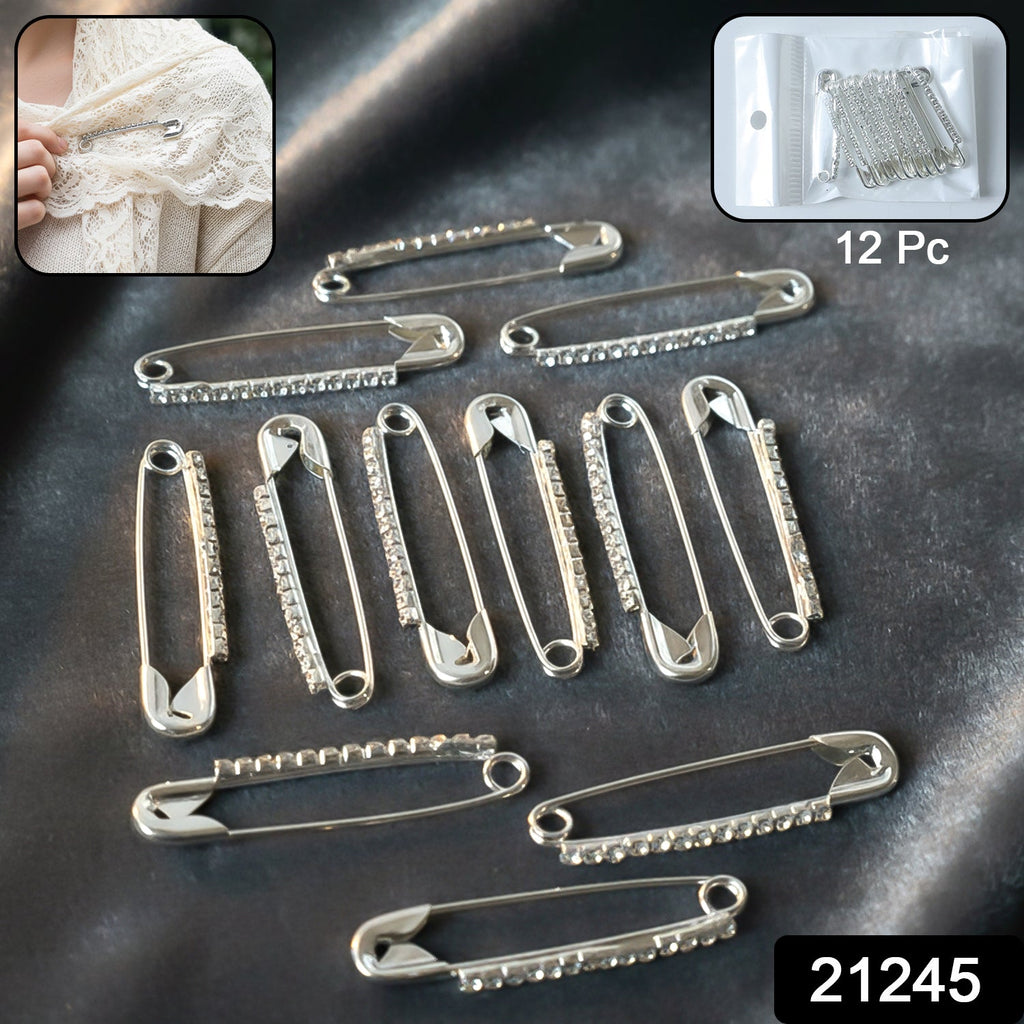 12-piece silver safety pin brooch set with crystal stone accents