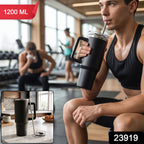Black stainless steel tumbler with carry handle and straw