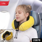 Yellow plush U shaped pillow with drawstring for travel