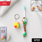 Close-up of colorful kids toothbrush with soft bristles and small toy ball