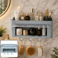 Wall mounted storage organizer shelf with hooks and transparent tray for bathroom kitchen