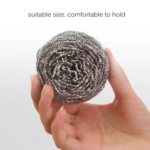 Six round stainless steel scrubbers neatly packed for kitchen essentials.