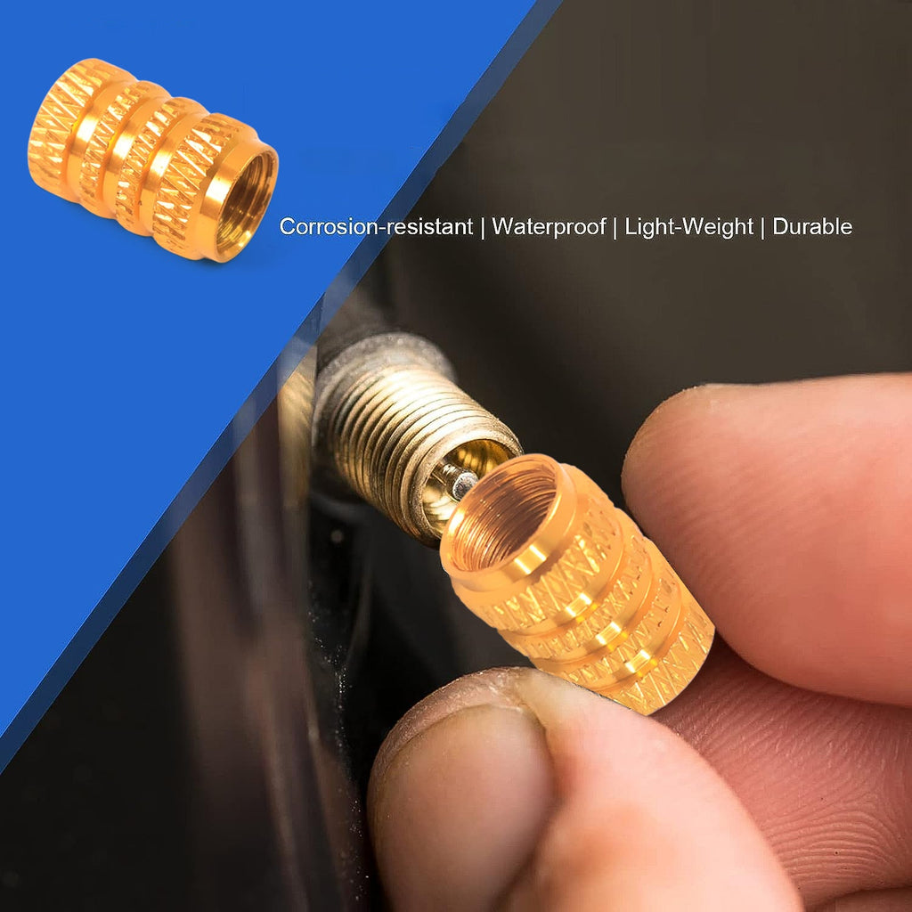 A set of four silver finish tire valve stem caps suitable for various vehicles.
