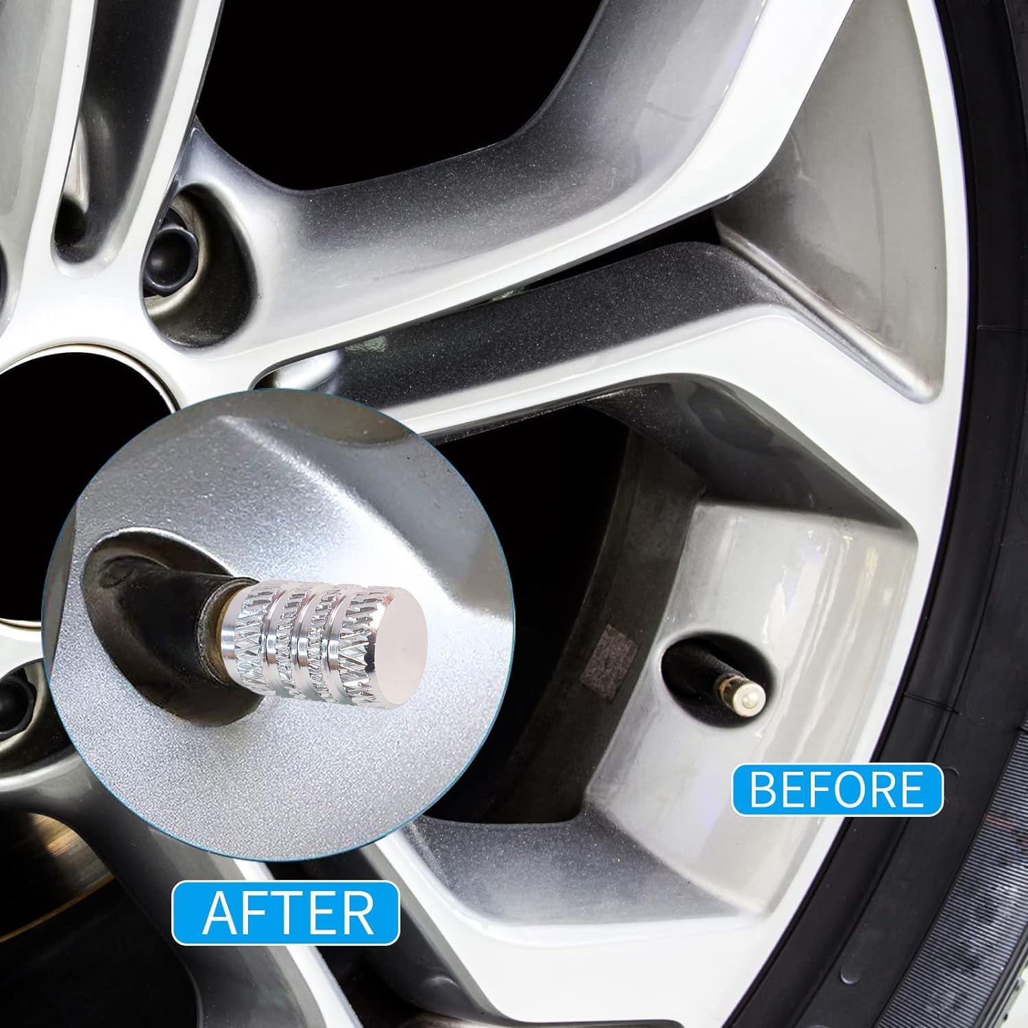 Silver valve caps displaying the easy groove design for simple hand installation.