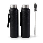 Stainless steel water bottle set on white background