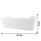 Size details of white plastic storage baskets showing measurements